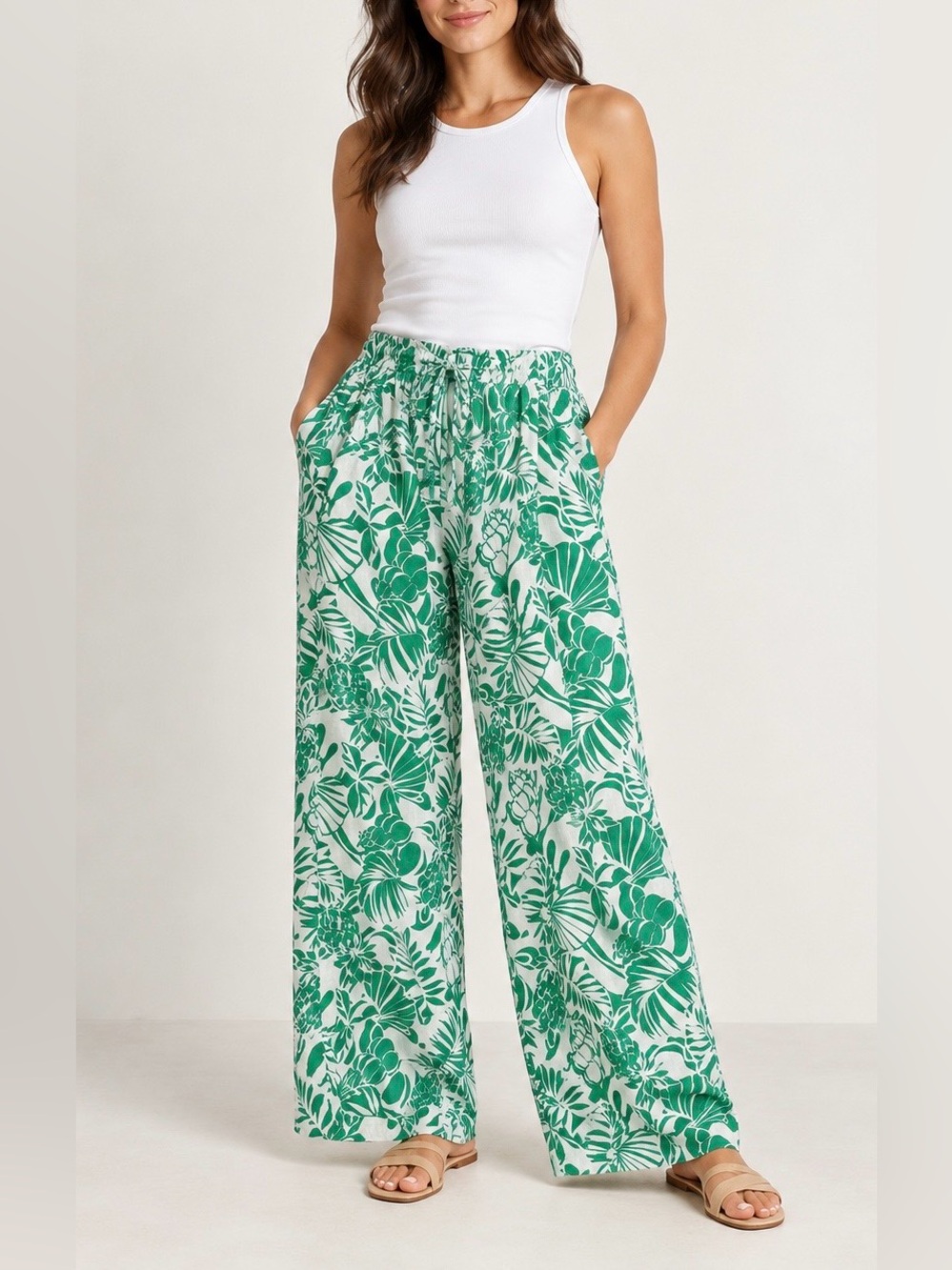 Nicole Miller 100% Linen Tropical Floral Wide Leg Pull On Pants Green White M